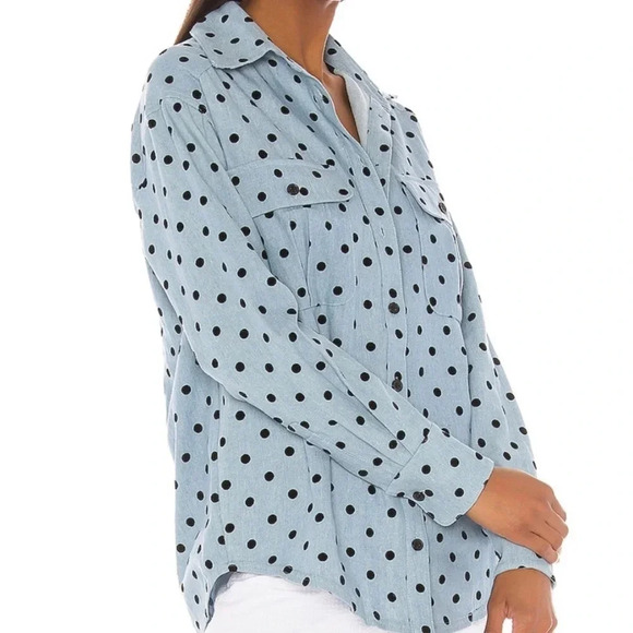LPA Revolve Candace Polka Dot Blue Chambray Button Up Blouse - Picture 1 of 10